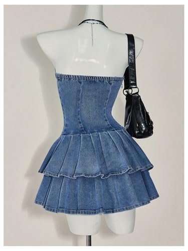 WDIRARA Women's Layered Ruffle Strapless Mini Denim Dress Sleeveless A Line Tube Dresses2