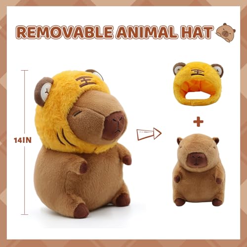 Image of Cute Capybara Plush Wear Tiger Hat, Kawaii Soft Capybara Plushie Pillow, 14 inch Capybara Stuffed Animal Hugging Gifts for Kids Adults (Tiger Capybara)