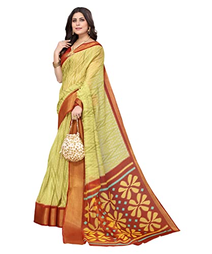 Image of Yashika Women's Printed Linen Jari Border Saree With Blouse Free Size (Dino Light Green)