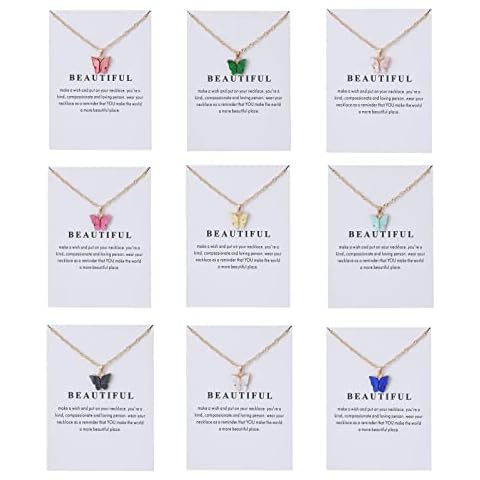 Rrdaily 9 Pcs Dainty Colorful Butterfly Pendant Necklace Set for Women,Bohemian Acrylic Butterfly Chain Necklace Cute Jewelry Gift (White card) Cover