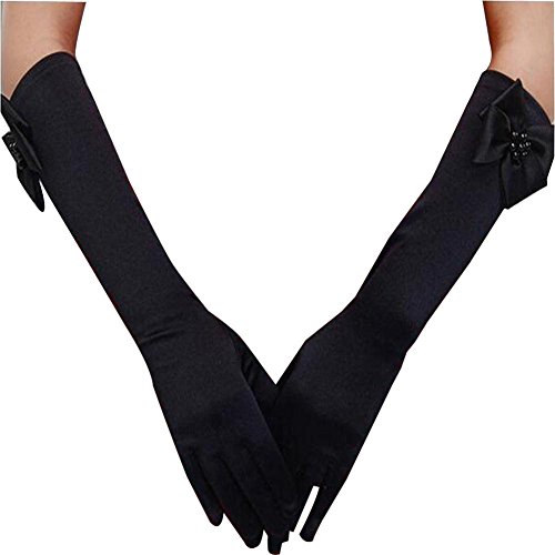 Gtopart Satin Gants Longs Élastiques de Filles pour Mariage Soirée (L (Age 8-15), Noir)