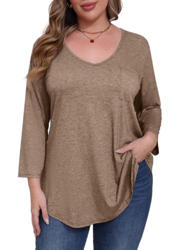 BELAROI Womens Plus Size Tunic Tops 3/4 Sleeve V Neck T Shirts Basic Tee Loose Blouses with Pocket(4X,D-Khaki)