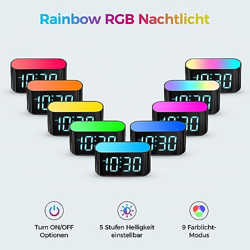DOUMOSH Wecker Kinder mit Nachtlicht, RGB Nachtlicht, 0-100% Helligkeitsdimmer, Farbenfroh Display, Digitaler Kinderwecker für schulanfänger, Mädchen, Jungen