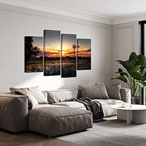 LevvArts Farm Landscape Pictures Wall Art Decor Rustic Farmhouse Windmill at Sunset Scenery Photograph Painting Giclee Print on Canvas Set of 4 Gallery Wrap Ready to Hang