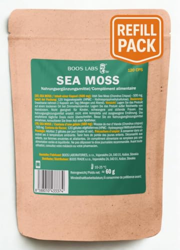 BOOS LABS Irish Sea Moss I 1000mg I 100% natürliches Irisches Seemoos I 120 vegane Kapseln I 2 Kapseln pro Tag I reine Zusammensetzung ohne Zusatzstoffe I im Beutel