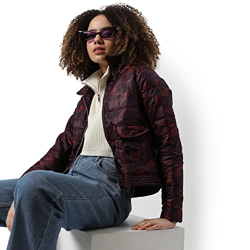 Image of Campus Sutra Women Red Camouflage Puffer Regular Fit Bomber Jacket For Winter Wear | Collared Neck | Full Sleeve | Zipper | Casual Jacket For Woman & Girl | Western Stylish Jacket For Women