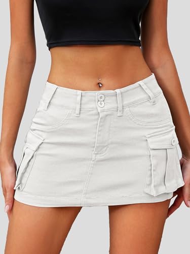 Elleven Mini Cargo Skirts For Women High Stretchy, Low Waist Y2K Skirt Button Cute Denim Bodycon Jean Skirt With Pocket White Small thumb #3