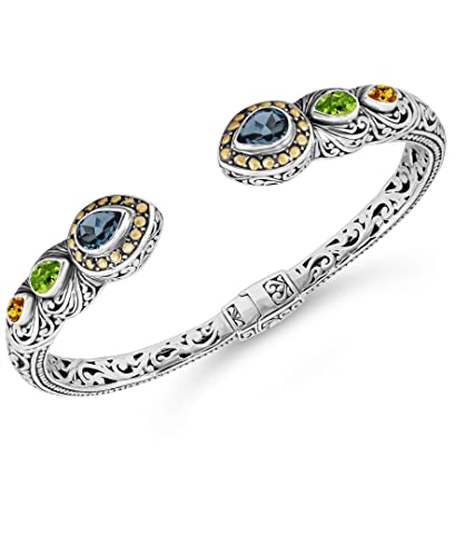 Image of DEVATA Sterling Silver 925 and 18K Gold with Gemstones Bali Filigree Cuff Bracelet