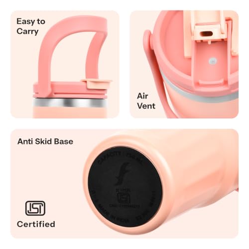 Image of FLAIR Vibe Vacuum Insulated Tumbler 750 ml Peach| 2-in-1 Lid (Straw & Sip) | 304 Stainless Steel | Leak-Proof Travel Mug with Handle | Hot & Cold | BPA-Free
