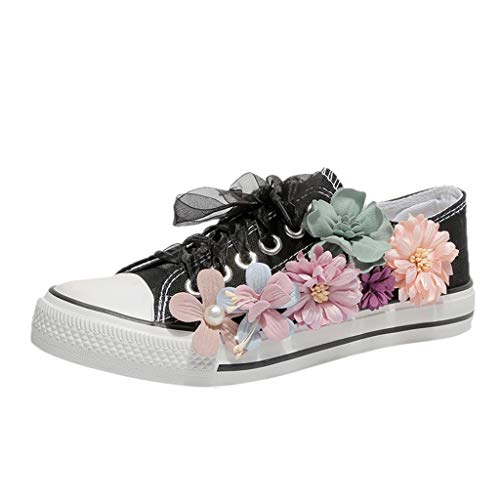 Zapatos de mujer apliques zapatillas de deporte de verano suaves y cómodos casuales con cordones florales zapatos casuales para mujer zapatos de caminar, Negro 1, 50