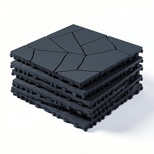 Interlocking Deck Tiles 44 Pack, Plastic Outdoor Deck Tiles for Patio, Waterproof Deck Flooring Tiles, Easy Snap Together Outdoor Flooring for Balcony, Garden, Porch, Dark Grey (Geometric)