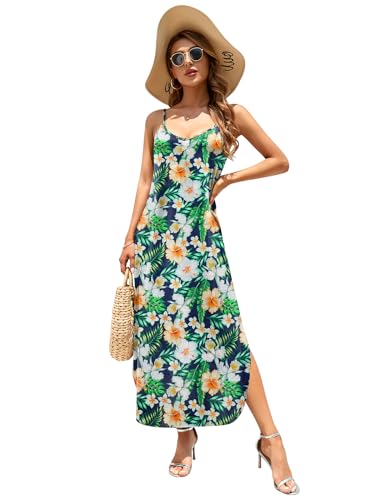 Image of HUSKARY Women's Summer Casual Sleeveless V Neck Strappy Split Loose Dress Beach Cover Up Long Cami Maxi Dresses with Pocket