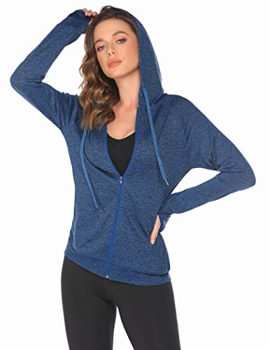 ELESOL Plain Zip Up Hoodie Women? Lightweight, Full Zip Running Track Jacket Dri fit Navy Blue,XL
