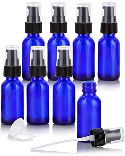 JUVITUS 1 oz / 30 ml Cobalt Blue Glass Boston Round Bottle with Black Treatment Pump (8 pack) + Funnel