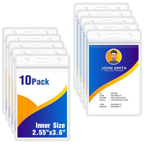 10Pack Vertical ID Badge Holder - Extra Thick Clear ID Card Holder with Waterproof Resealable Zip - Name Tag Holder for Nurses Office and School