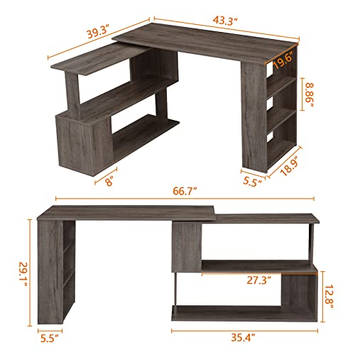 Vanspace 360° Rotating Computer Desk With Storage Shelves 67 Inch Multi-Functional L-Shaped Corner Desk For Home Office Bedroom Study Writing Table Modern Simple Style For Small Space #TOP2
