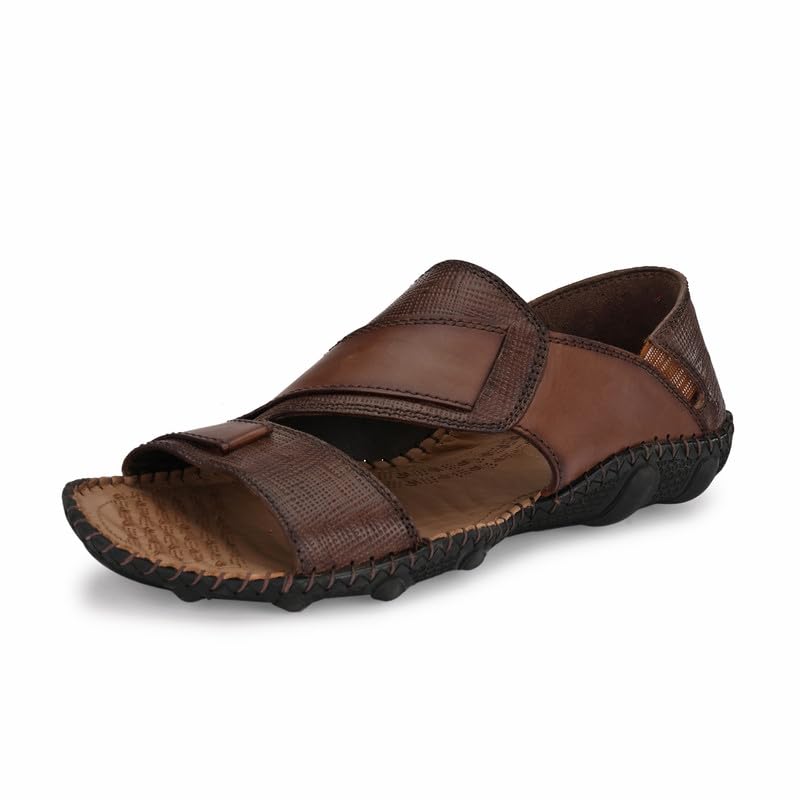 hitz Men's Brown Leather Slip-On Casual Sandals-picture-30