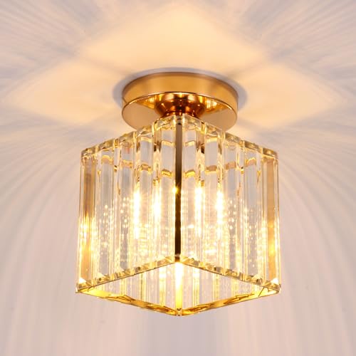 Kinberry Crystal Ceiling Light - E27 Semi-Flush Ceiling Lamp for Ceiling Lights Living Room, Chandeliers Ceiling Light, Bedroom, Kitchen, Hallway & Office(Gold)