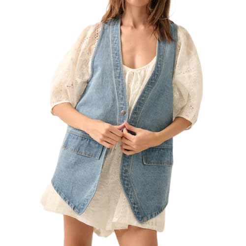 Women Western Baggy Denim Vest Button Down Sleeveless Back Slit Distressed Jean Jacket Vintage Long Denim Vest