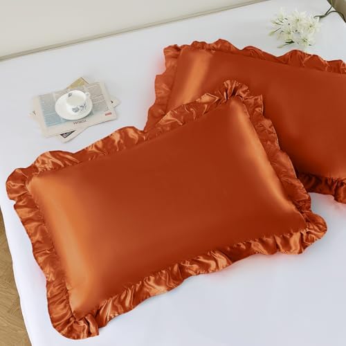 NSGZ Ruffled Satin Pillowcase Set of 2, Queen Size Silky Pillow S...