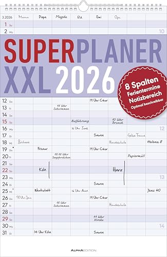 Alpha Edition - Superplaner XXL 8 Spalten 2026 Familienkalender 34×49 5 cm mit 8 Spalten & Notizbereich großer Familienplaner & Wandkalender mit Ferienterminen für Familien Teams & Vereine