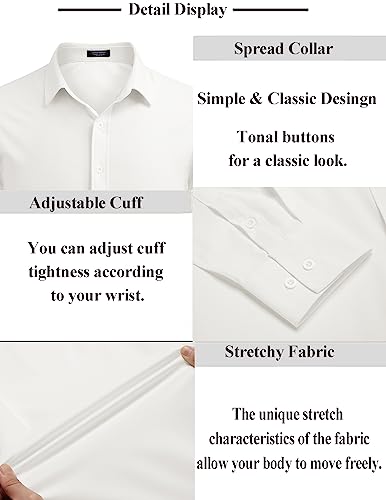 Coofandy Men'S Classic-Fit Dress Shirts Long Sleeve Button Down Wrinkle-Free Stretch Solid Casual Work Office Blouse Top A-White thumb #4