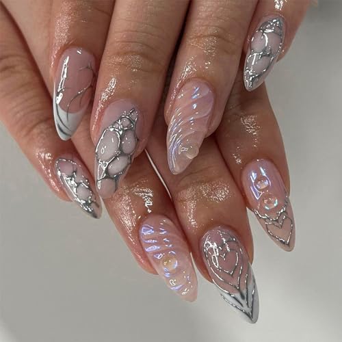 24pcs Medium Almond False Nails French White Tip Stick-on Nude Glitter Pink Press-on Removable Glue-on Silver Heart Fake Nail Art Accessories for Women Girls
