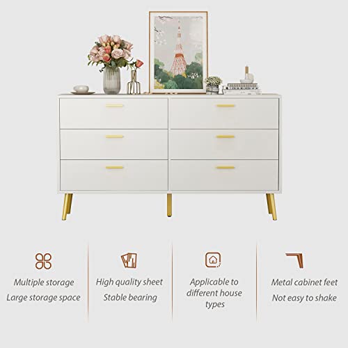 Didugo Chest Of Drawers 6 Drawer Dresser, Modern Contemporary Dresser 6 Drawer Chest With Metal Legs, White Dresser For Bedroom (54”W X 15.6”D X 30.1”H) #TOP5