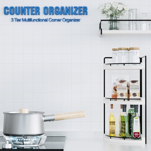 Image of Corner Bathroom Counter Organizer, 3 Tier Bathroom Sink Shelf Countertop, Wood Vanity Skincare Storage for Toiletries Decor, Makeup, Dresser (White)