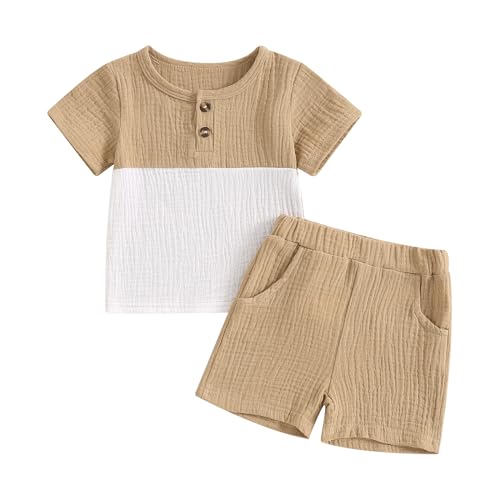 Image of fhutpw Baby Boy Summer Outfits Henley Shirt Soft Pocket Short Sleeve Tops & Shorts Sets Infant 3 6 12 18 Months 2T Clothes
