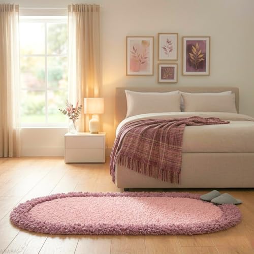 Image of Shaggy Runner, Polyester Rug, Hallway Carpet, Bedside Runner, Plush Area Rug, high Pile Rug, 2 inch Pile, Fluffy Floor mat. - (1.5x3 feet, Pink /Blush, Oval)
