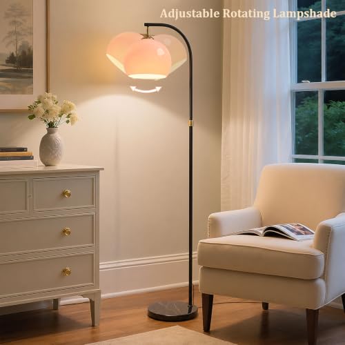 Image of Pink Arc Floor Lamp with Natural Marble Base, Mid Century Modern | Pink Glass Globe, Adjustable Height, E26 3-Color Temperatures Bulb, Foot Switch, Black Pole For Living Room, Bedroom, Office
