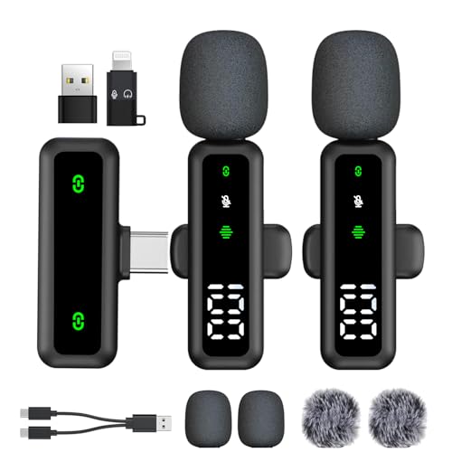 Microphone Lavalier sans fil avec affichage LED, microphone Lavalier à clip avec réduction du bruit pour enregistrement vidéo, Tiktok, Youtube, créateur de contenu...