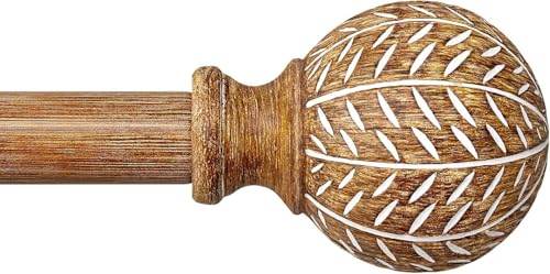 Gormena Curtain Poles for Windows Adjustable Metal Drapery Rod 80218 2.54 cm Diameter Heavy Duty Pole with Wood Grain Effect Leaf Finials Natural Wood Colour Boho Style