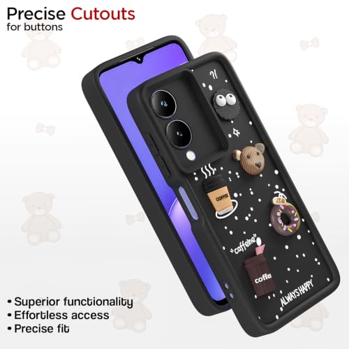 Image of Pikkme Back Cover for Vivo Y17s / Vivo Y28 | 3D Bear Silicone Cute & Fun Coffee Cartoon | Full Body Protection Bumper Case (Black)