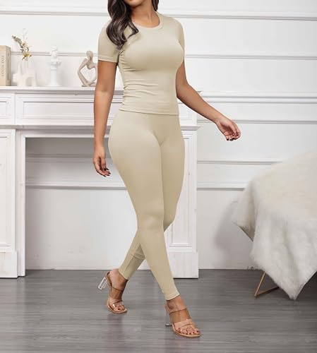 PINSV 2 Piece Sets for Women Summer Casual Jogger Workout Outfits Fitted Crew Neck T-shirt High Waist Legging Sets2