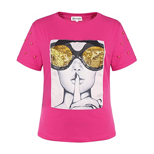 Image of PESION Womens Short Sleeve T-Shirt Sequined Tops O-Neck Funny Graphic Tees Blouse, Pink, Small