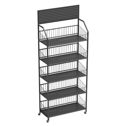 Fivaz - Estantería de supermercado de 5 Niveles, Resistente, con Ruedas, con 15 Ganchos y estantes de Panel sólido, Multifuncional, de Metal, para Tiendas