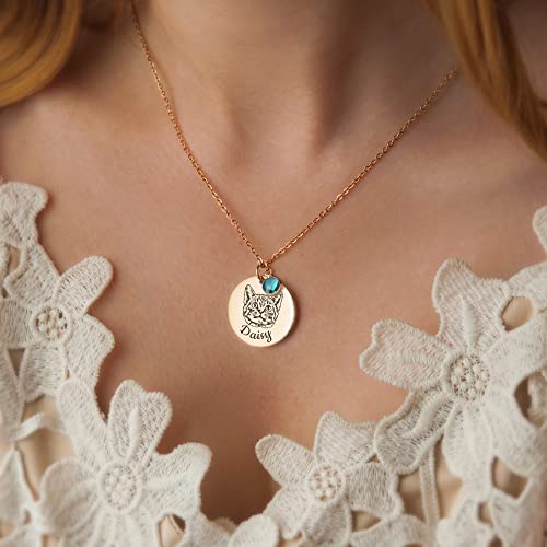 Anavia Personalized Pet Portrait Necklace, 12 Month of Birthstone Charm Options, Handmade Photo Custom Pet Memorial Jewelry Gift for Women, Round Disc Coin Necklace for Dog Cat Lovers (Silver)