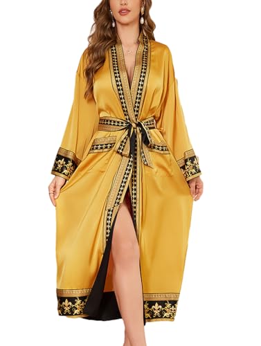 Silk Satin Robe for Women Long Kimono Robe Lightweight Summer Trim Bathrobe Luxury House Robes with Pockets