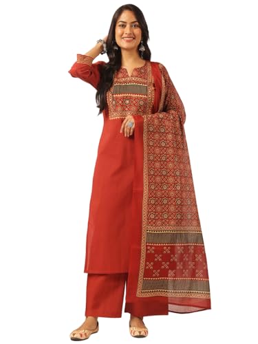 Image of Vbuyz Women Ajrakh With Yoke design Cotton Straight Kurta Set With Dupatta