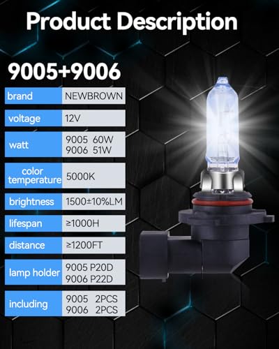 Image of NEWBROWN 9005 /HB3 & 9006 /HB4 Headlight Bulbs Combo, 5000K Super White Light Long Life Replacement Halogen Headlight Bulb (9005 & 9006, 4 Pack)
