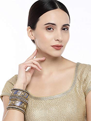Image of Peora Designer Silk Thread Grey Floral Bangle Set Bridal Chuda Chura Jewellery for Women (2.8 inch)