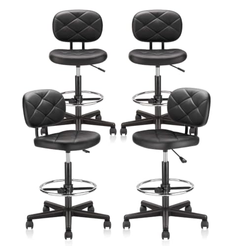 Image of KLASIKA PU Leather Rolling Stools with Foot Rest and Back Support, Adjustable Diamond Upholstered Drafting Chair with Wheels, Multi-Purpose Desk Chair for Home Office Bar Kitchen Shop, Black (4PK)