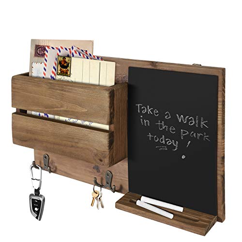 Flexzion Rustic Wood Entryway Mail Sorter Holder, Wall Mount Mudroom Storage Organizer with Blackboard Chalkboard Memo Board Message Sign & Key Hook Rack f Front Door Furniture Accessory Home Office