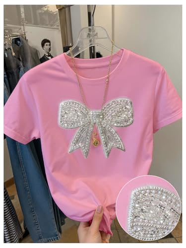 Women's Beaded Sequin Bowknot T Shirt Short Sleeve Crewneck Trendy Tee Top Y2k Tops3