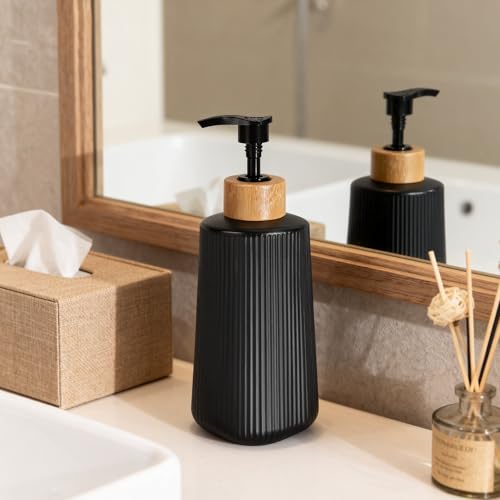 Image of Glass Soap Dispenser, Thickened Glass Hand Soap Dispenser for Bathroom, Kitchen Dish Washing Liquid Bottles, Shampoo and Conditioner Bottles, Modern Farmhouse Style, (Black, Set of 1, 12oz)