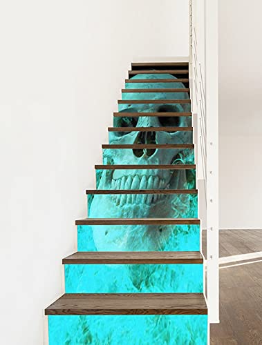 A.Monamour 3D Self-Adhesive Removable Stair Stickers Gothic Skull Scary Halloween Blue Background Vinyl Stair Riser Decals Kitchen Tile Stickers Mural Wall Stickers Wallpaper 13 Pieces
