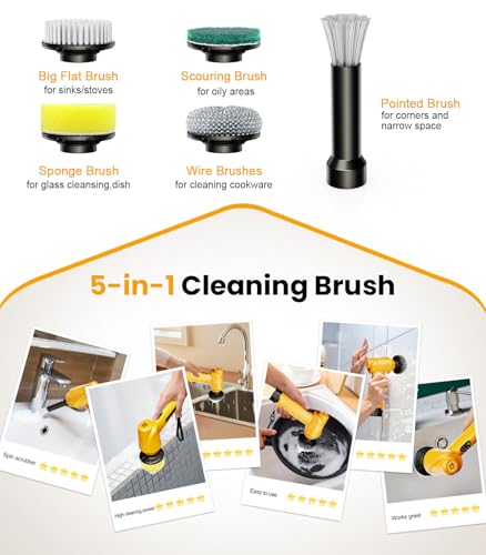 Image of qimedo Electric Spin Scrubber Q4S, 800RPM Power Dish Scrubber with 5 Heads, Handheld Scrubber for Cleaning with Display, Shower Cordless Cleaning Brush for Bathroom /Sink /Window