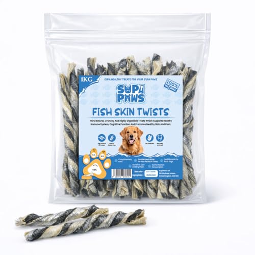 Supa Paws 1Kg Fish Skin Twists for Dogs 100% Natural White Fish Skin Twists Jerky Dog Treat Hypoallergenic Dog Food & Grain Free Dog Chews Dental Pet Treat High Protein Dog Snacks